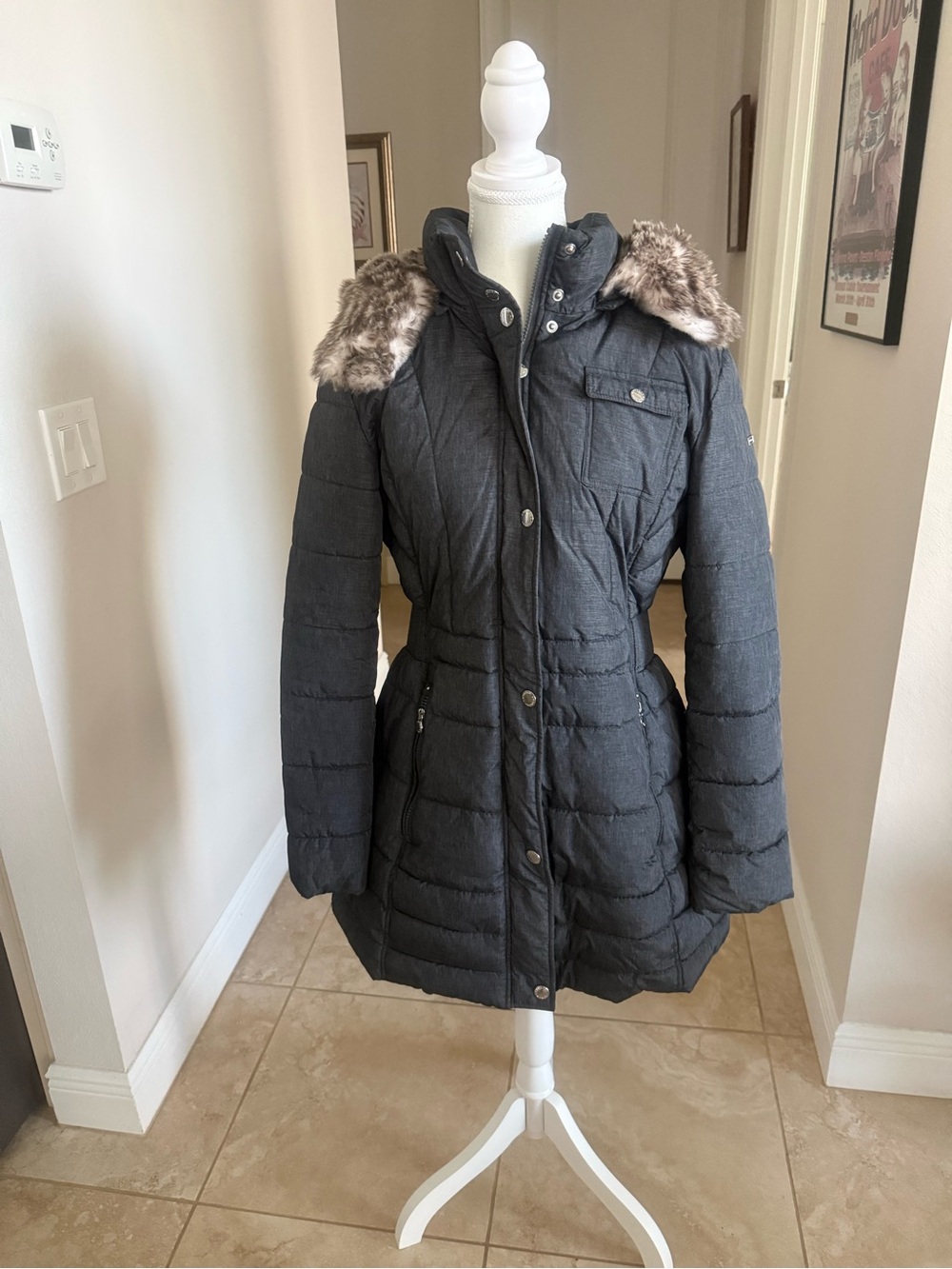 Women's Dark Gray/black tweed Quilted Hooded Winter Coat with Faux Fur Trim